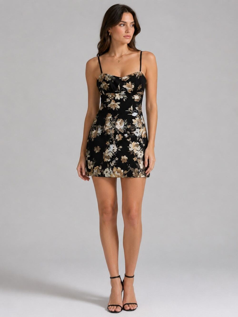 TeezeMe Black Floral Cocktail Dress Women's Size 9/10 Y2K Spaghetti Strap Mini